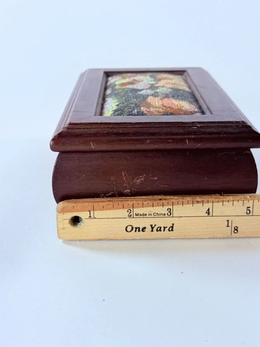 Vintage Wooden Jewelry Box W/Floral Needlepoint Lid Mirror Interior Tray Missing